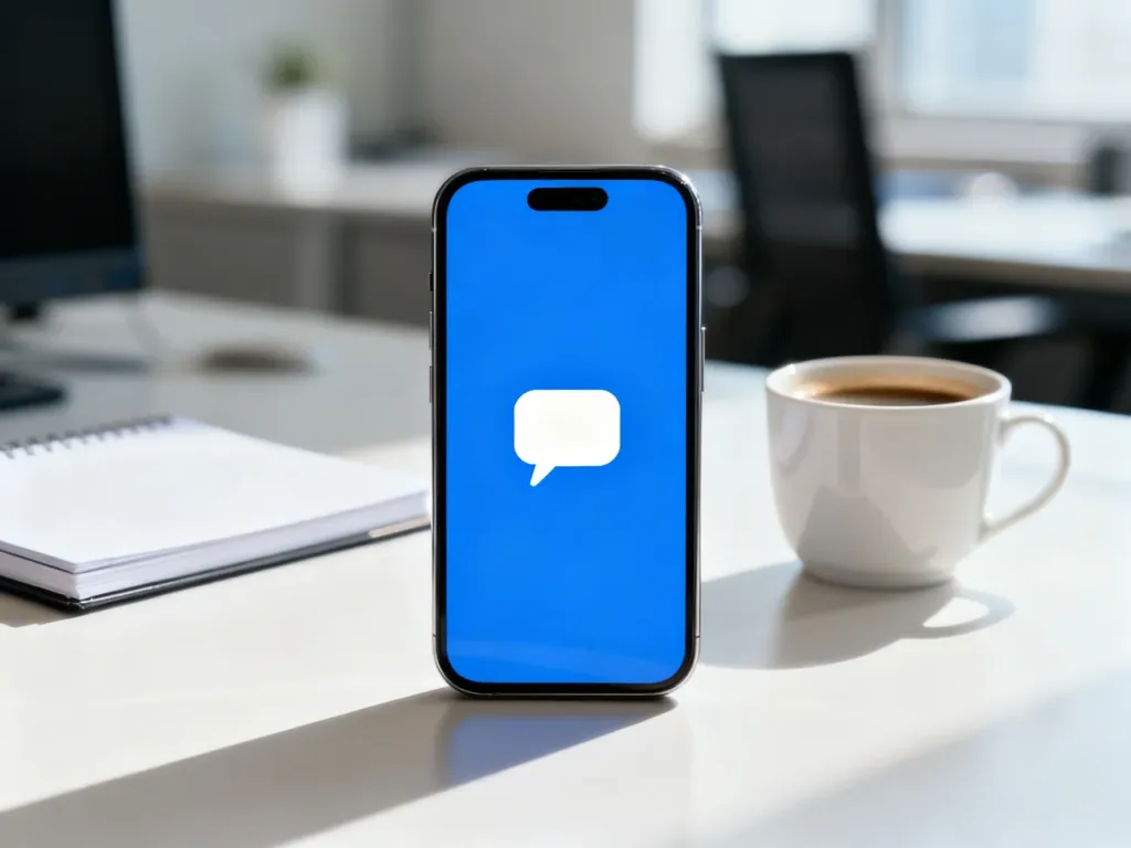 Nowoczesny smartfon z ikoną dymka czatu na ekranie, symbolizujący komunikację w mediach społecznościowych.